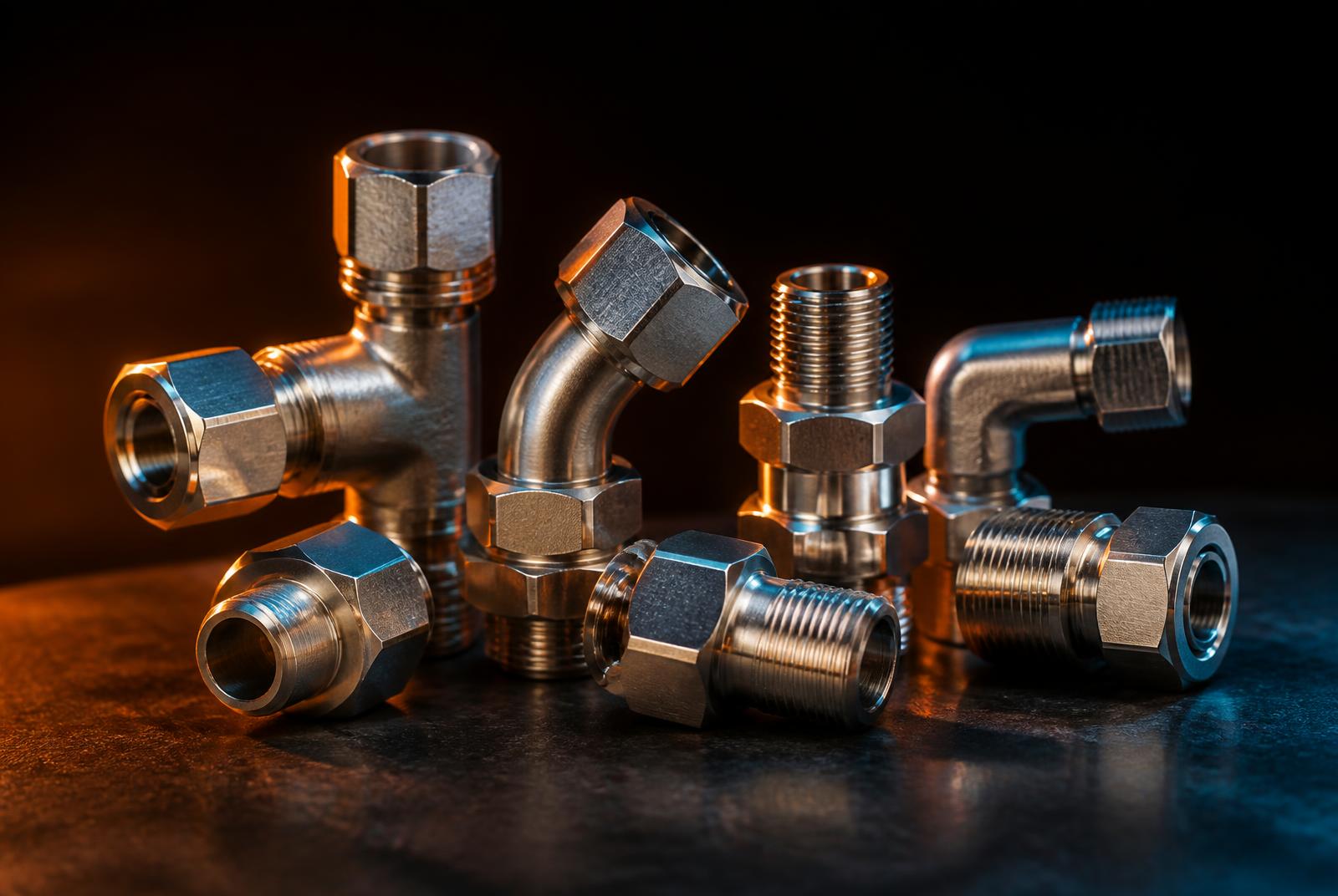 Cluster of straight, 45 degree and 90 degree machined hydraulic adaptors